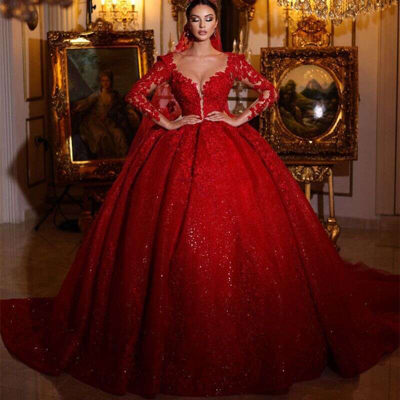 Red Arabic Lace Wedding Dress Long Sleeves Sparkly Sequin Women Marriage Dubai Bridal Gown Vestido De Novia Custom