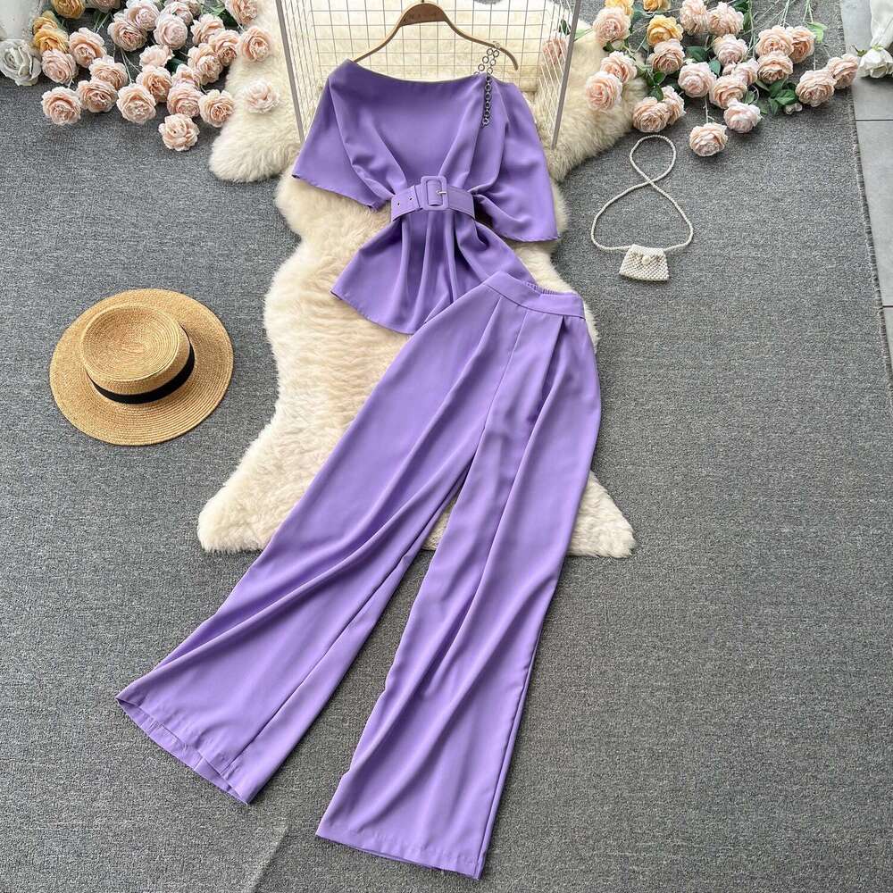 Light Mature Style Royal Sister Summer New One Shoulder Top Versatile Wide Leg Pants Two Piece Set Trendy Chiffon Floral Dress Novelty Sexy Silk Dress