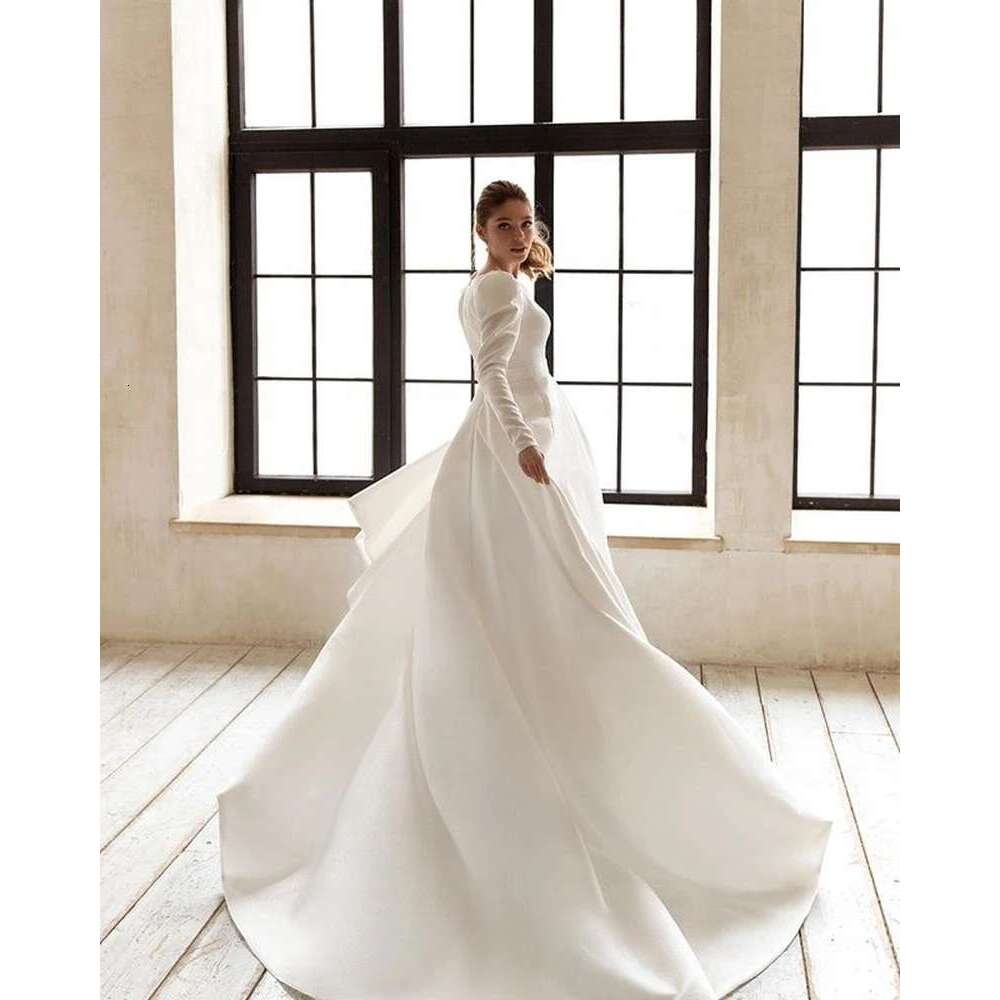Classic Elegant Wedding Dresses A-e Satin Bridal Gowns V-Neck Long Sleeves Robes For Formal Party 2024 Dressed from Novia