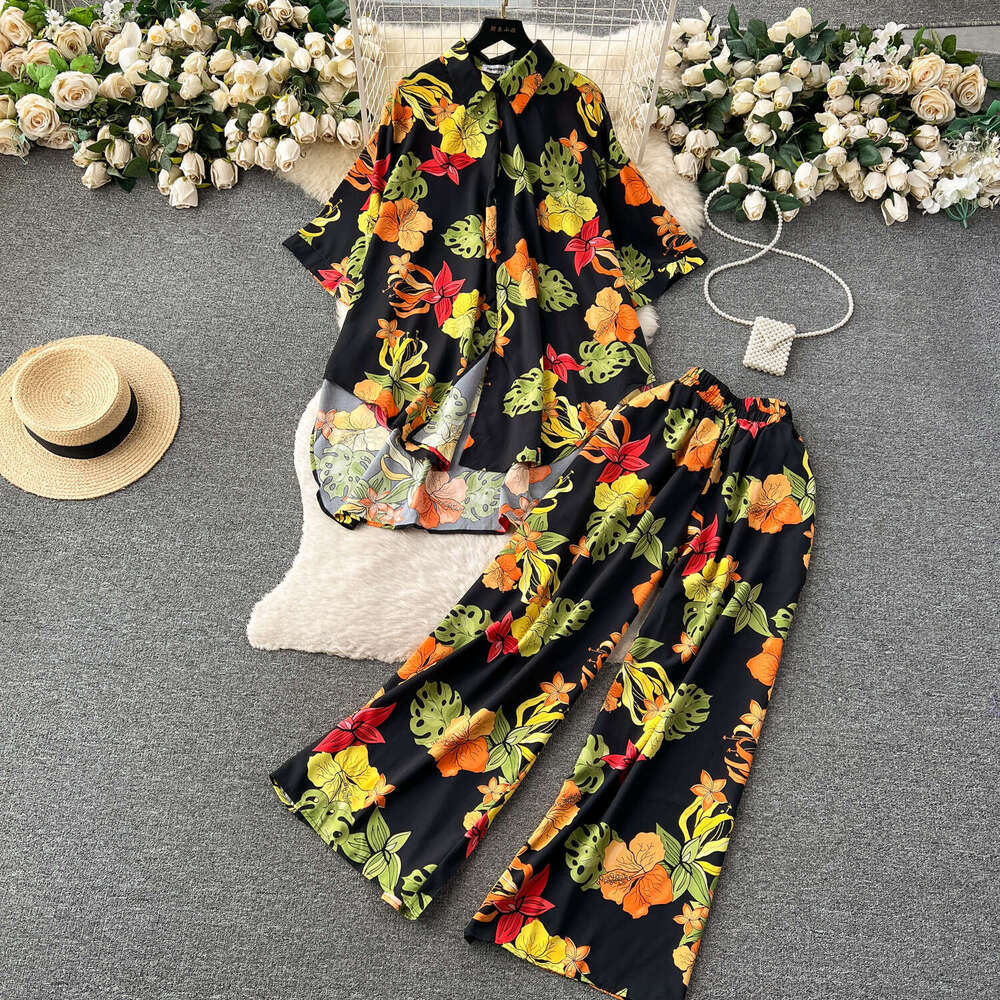 Wind High-end Fashion Set, Summer Loose and Slimming Print Shirt, High Waist Drape, Wide Leg Pants Bifurcated Novelty Loose Lace Dress Oversize Dress