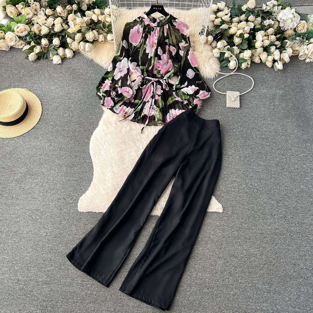 Temperament Light Mature Style Two-piece Set for Women with Waist Cinched Floral Pleated Shirt+high Waisted Wide Straight Leg Suit Pants Loose BOHO DR
