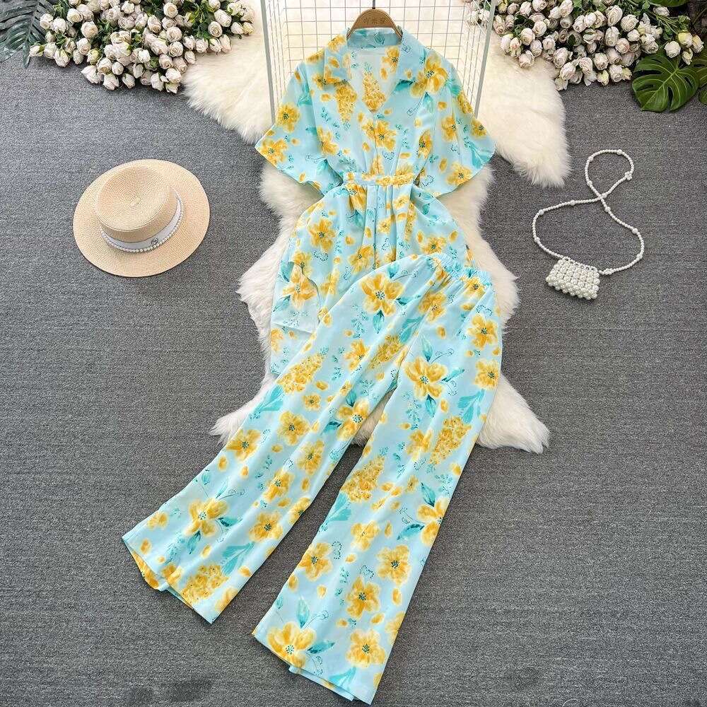 Short Sleeved Loose Single Breasted Tie Up Waist Cinching Printed Shirt Two-piece High Waisted Wide Leg Pants Fashion Set for Women Sexy Loose Denim D