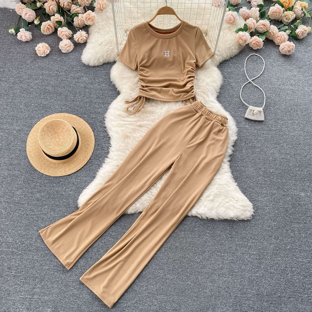 Summer Light Mature Womens Pleated Drawstring Tied Short Sleeved Top+draped Wide Leg Pants Two-piece Set Sexy Self-cultivation Bifurcated Lace Dress