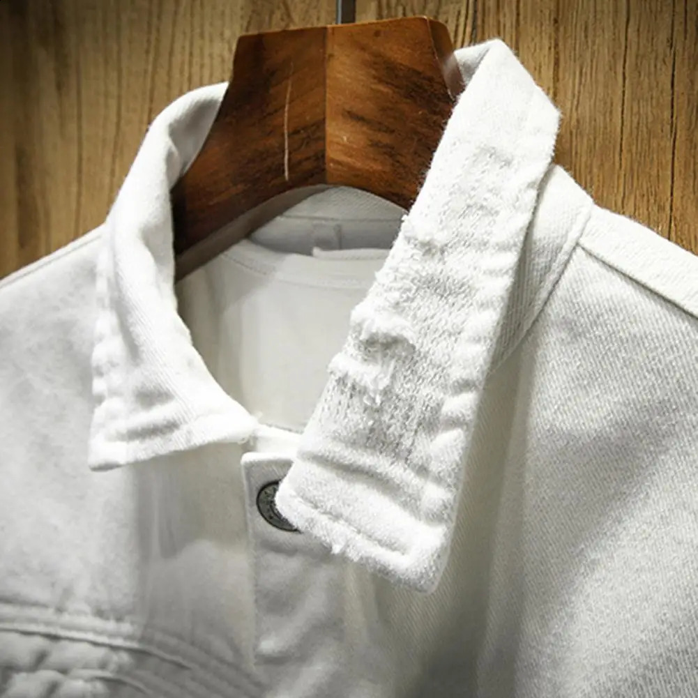 Ripped Hole Jean Men Jackets Outerwear Warm Denim Coats Turndown Collar Loose Buttons Men Denim Jackets Solid Color Denim Coat 240827