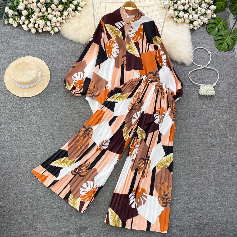 Fashion Loose Lantern Sleeved Printed Front Short Back Long Shirt Two-piece Set of Pleated Wide Leg Pants Short Novelty Sexy Lace Dress High Waist Dre
