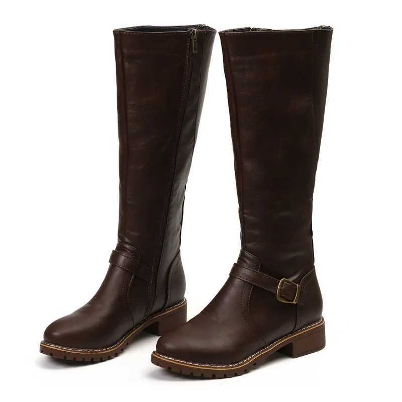 Knee High Fashion Low Heels Square Platform Long Boots Brown Black Leather Zip Winter Women Warm Shoes Boos fg6