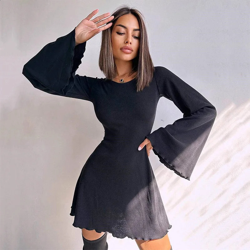 Sexy Dresses Nightclub Mini Short Party Dress Women Back Bandage O Neck A Line Flare Sleeves Autumn Vestidos Ladies Fall Robe 240712
