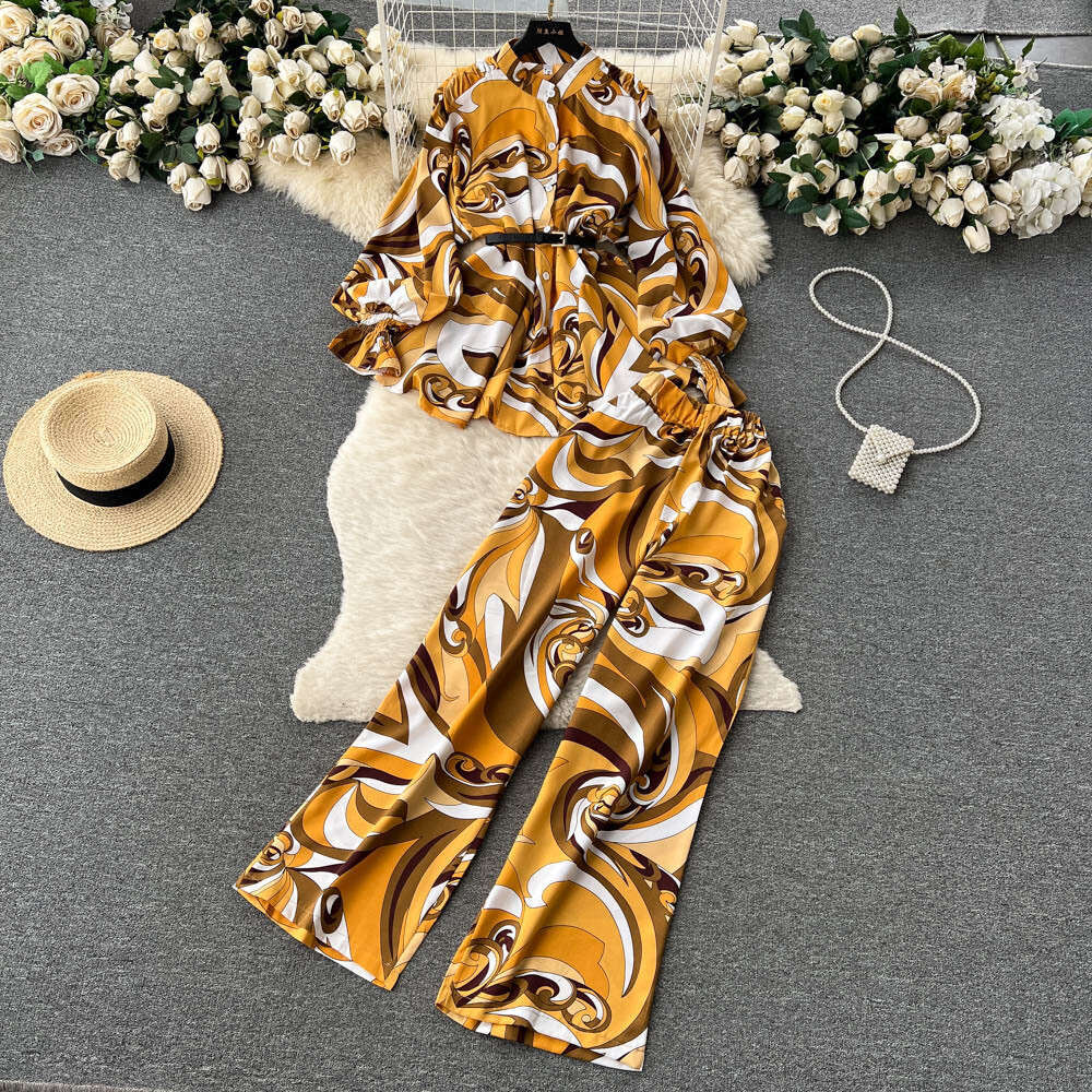 Wind Fashion Set Womens Light Luxury Design Sense Lantern Long Sleeved Shirt+elastic Waist Straight Wide Leg Pants Novelty Waist Oversize Dress