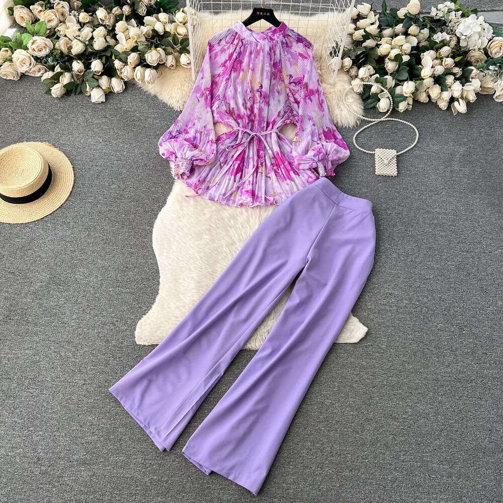 Temperament Light Mature Style Two-piece Set for Women with Waist Cinched Floral Pleated Shirt+high Waisted Wide Straight Leg Suit Pants Loose BOHO DR