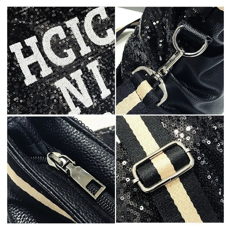 Casual womens pendant sequin shoulder bag large capacity handbag travel tote letter printed cross body 240723Zl