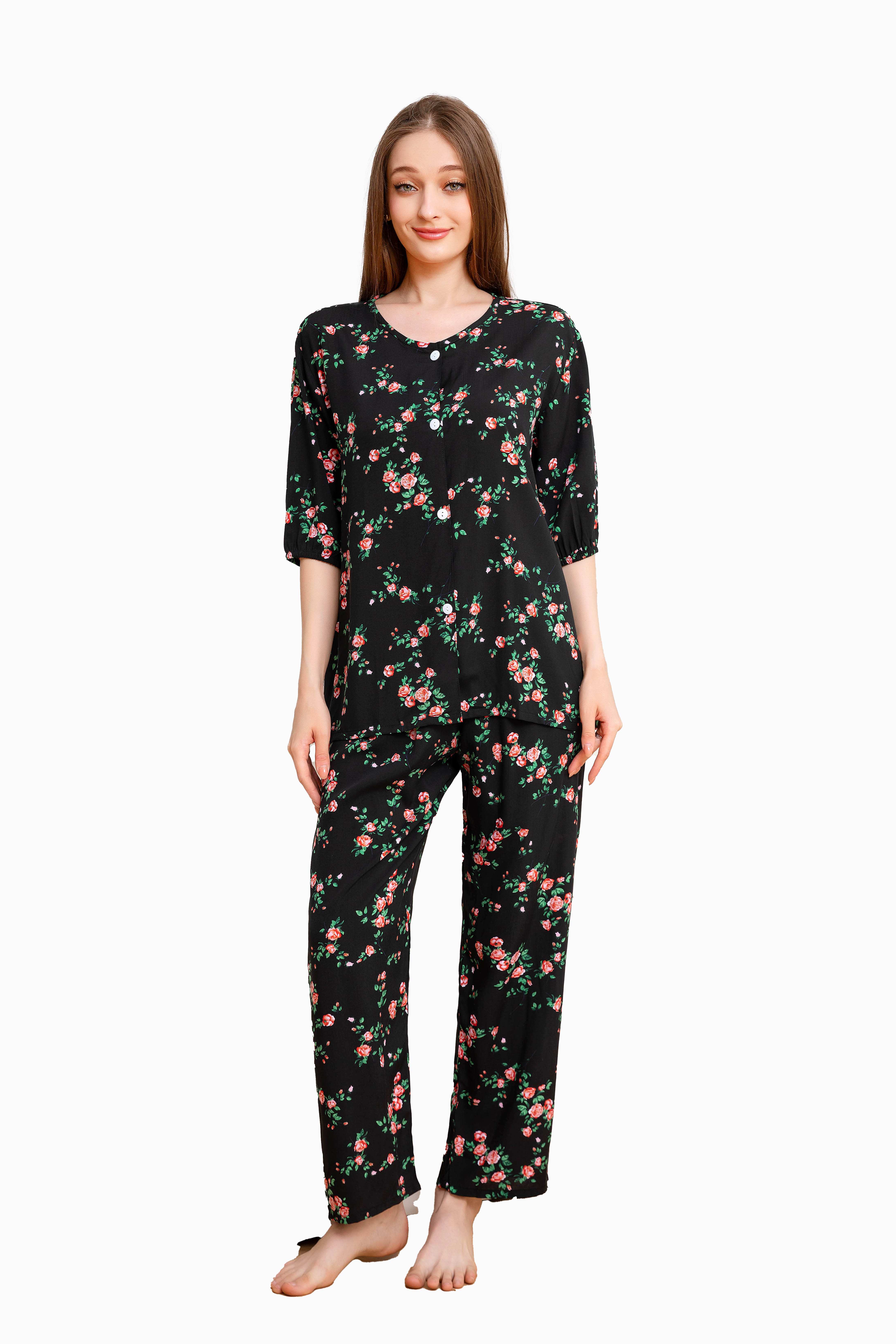 Women's Home Clothes Pajamas Black Bottom Little Rose Pants Set C202