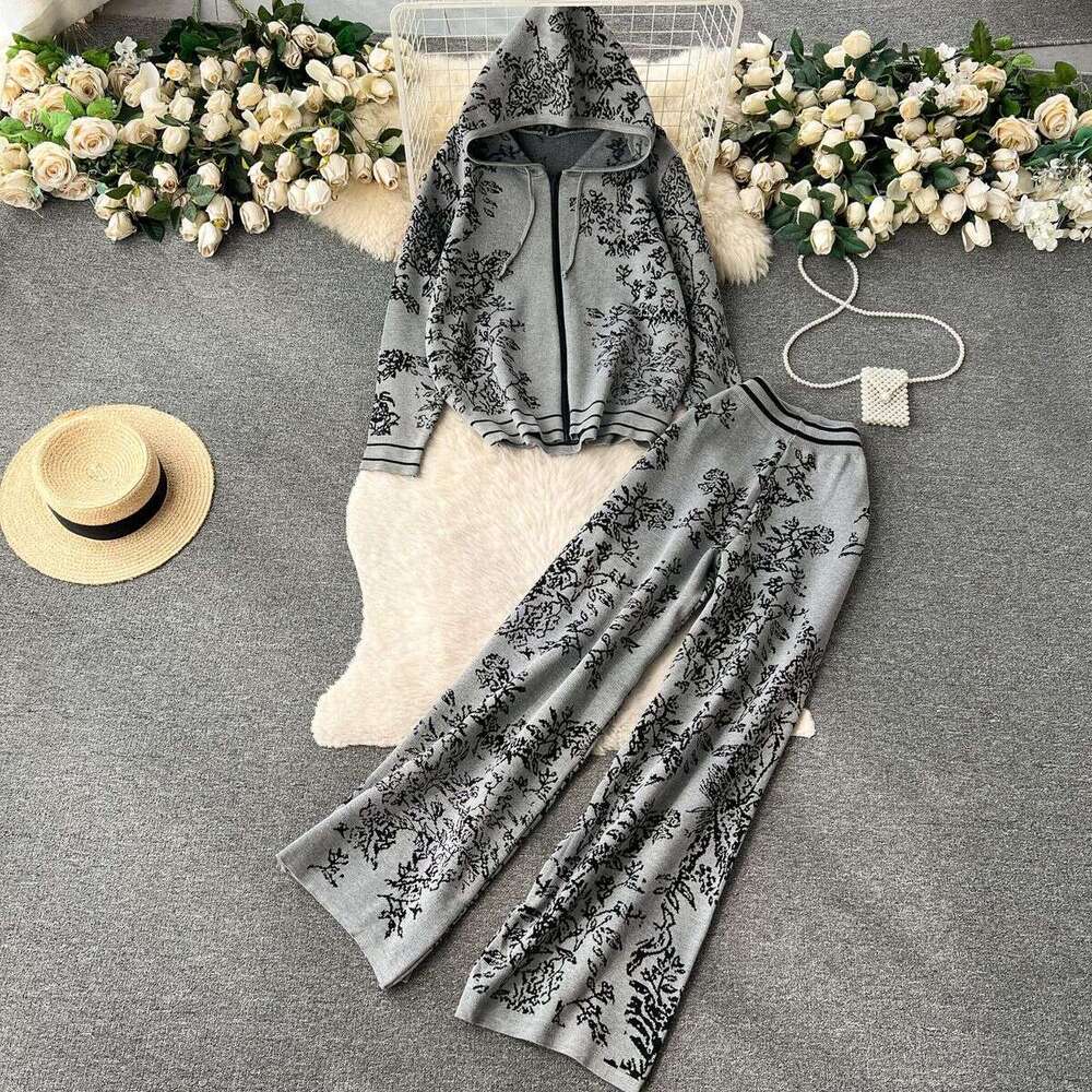 Leisure, Fashionable, Sports, Age Reducing Knitted Two-piece Set for Womens High-end Printed Hooded Sweater with High Waist and Wide Leg Pants BOHO DR