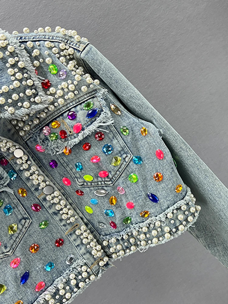 DEAT Womens Denim Coat Full Pearls Colored Beaded Crystal Long Sleeve Cool Burrs Female Jackets 2024 Summer Fashion 29L4067 240716