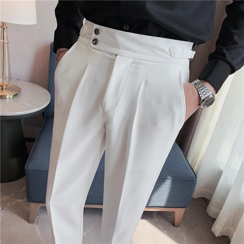 Men High Waist Trousers Autumn British Style Solid Color Casual Pants Slim Fit Formal Suit Pants Fashion Men Clothing 240722