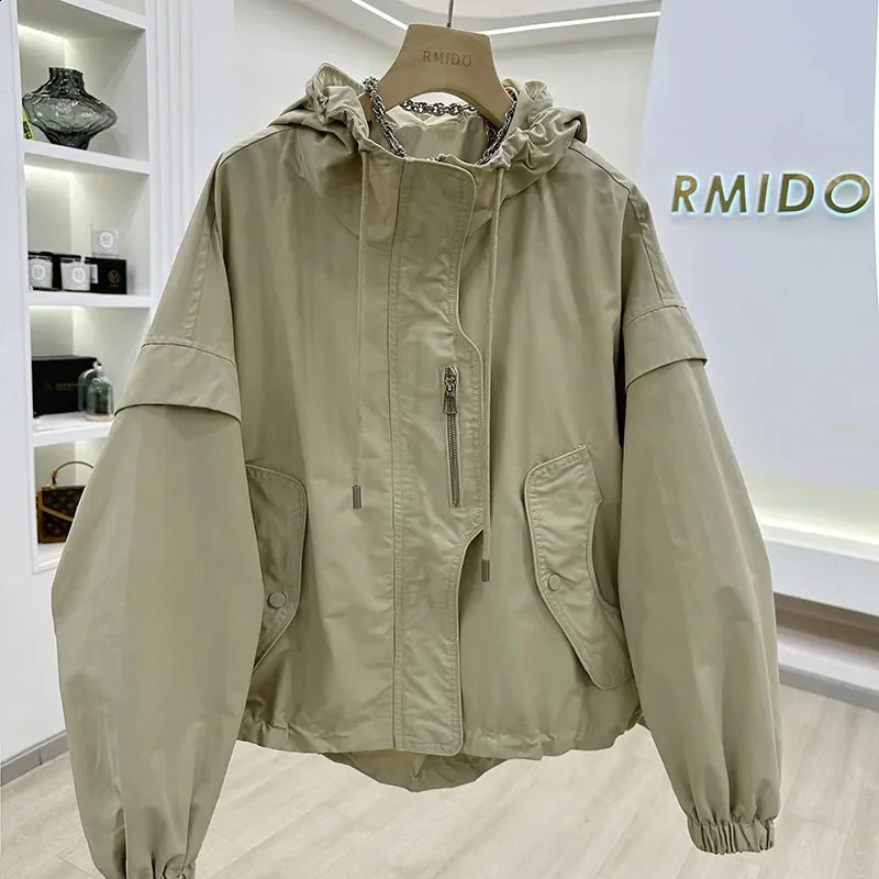 Fashion Spliced Zipper Shirring Printed Hooded Coats Womens Clothing Autumn Winter Loose Casual Windbreake Tops Jackets 240722