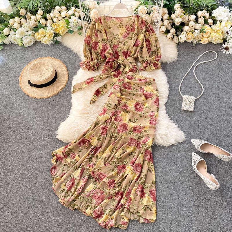 Vacation Style Two-piece Set, New Womens Short Strap Chiffon Shirt, Sexy and Feminine Fishtail Skirt Autumn Dress Women Short Temperament Novelty Deni