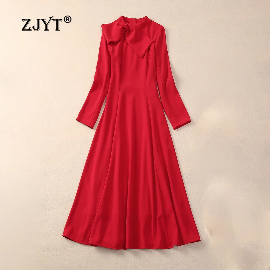 ZJYT Elegant Womens Party Dresses Long Sleeve Fashion Autumn Clothes Bowknot Stand Collar Midi Dress Vestidos Femininos 240712