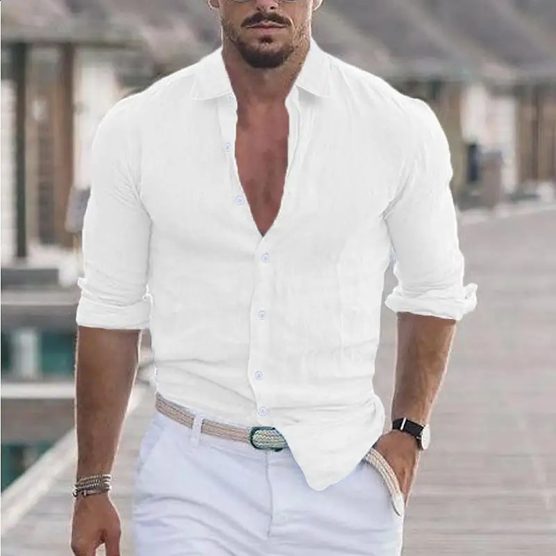 Blouse men summer cotton linen lapel beach shirt turn down collar long sleeve solid color holiday blusas camisas YRW5899 250206