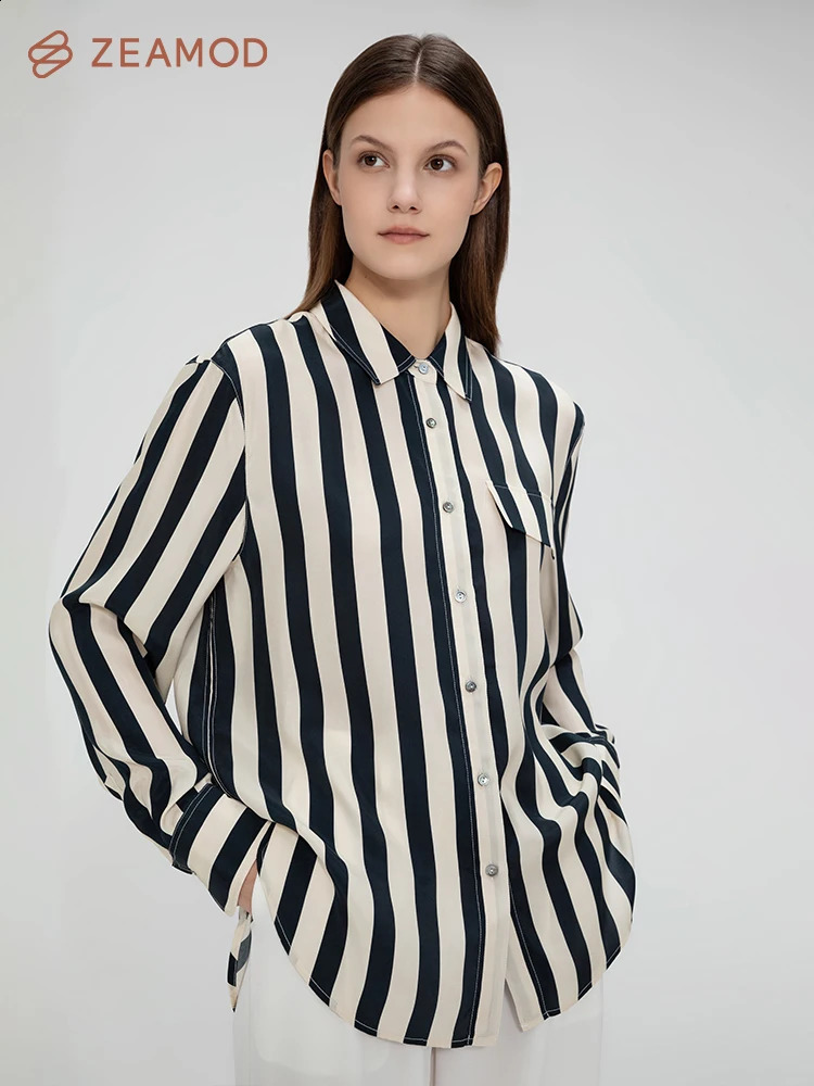 ZEAMOD Womens 100% Silk Shirt Ladies Blue White Pinstripes Blouse with V Neck and Long Sleeve Work Casual All Season 240715