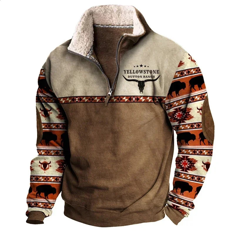 Vintage Sweatshirt For Men Ethnic Style Casual Warm Hoodie Tops Turtleneck Zipper Jacket Pullover Harajuk Fleece Sweatshirts 240722