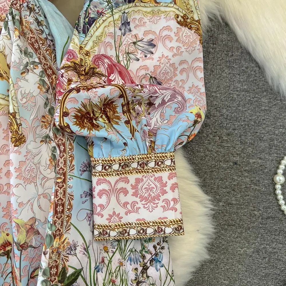 Spring Fashion Runway Gorgeous Flower Chiffon Maxi Dress Women Deep V Neck Long Sleeve Floral Print Boho Robe Vestidos 6549 240808