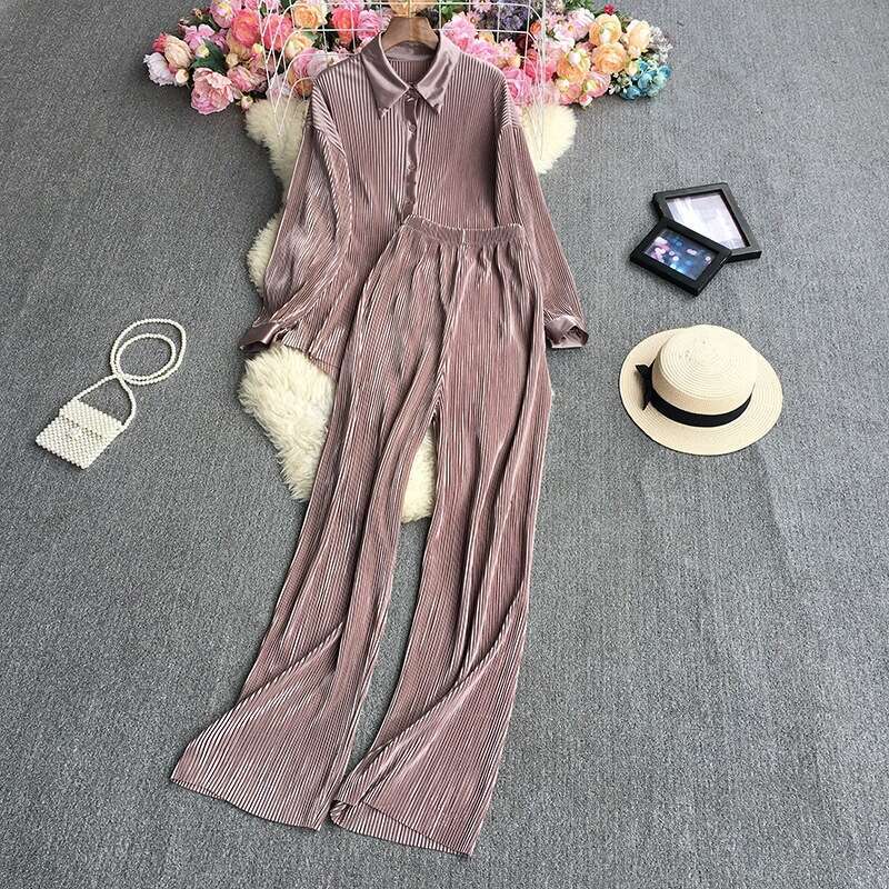 Fashion Womens Loose Fitting Long Sleeved Pleated Clean Color Shirt Two-piece Set High Waisted Draped Straight Wide Leg Pants BOHO DRESS Lace Dress