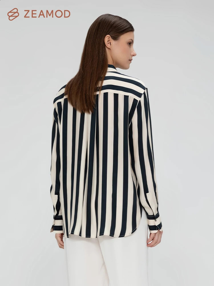 ZEAMOD Womens 100% Silk Shirt Ladies Blue White Pinstripes Blouse with V Neck and Long Sleeve Work Casual All Season 240715