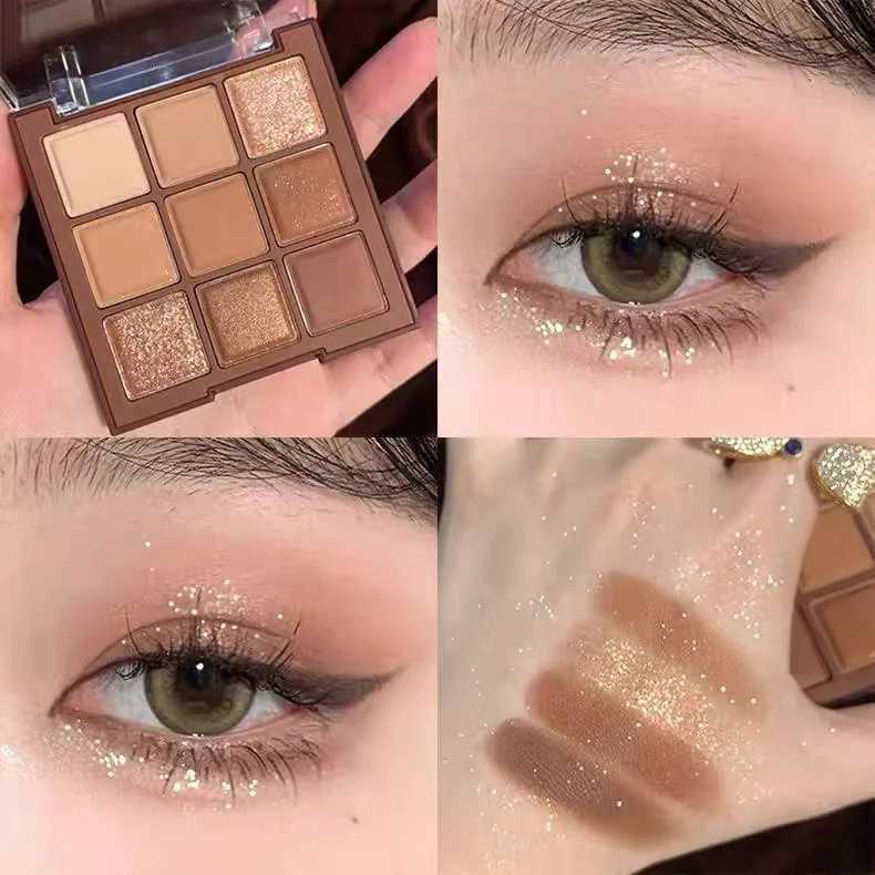 9-color glitter eye shadow palette chocolate brown shimmer matte acrylic eye shadow palette waterproof Korean cosmeticsW240730