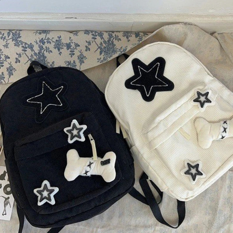 Cute Y2K Aesthetic Backpack Stars Pattern Preppy Rucksack College Student Computer Backpack Corduroy Bookbag for 240921