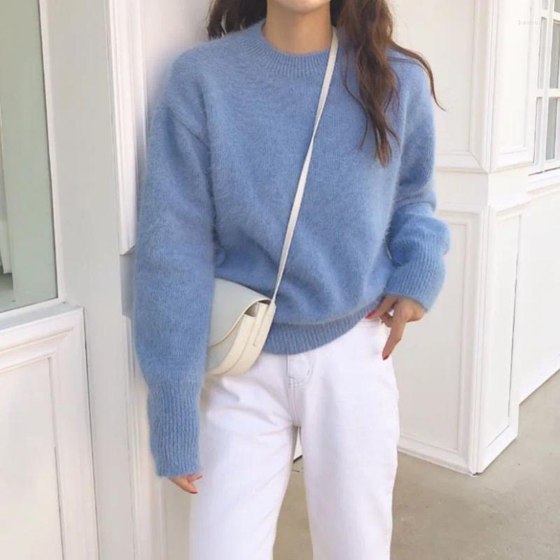 Women's Sweaters Chic Soft Solid Color Woman Knit Round Collar Loose Casual Long Sleeve Women Pullovers 2024 Autumn Winter Clothes Blue