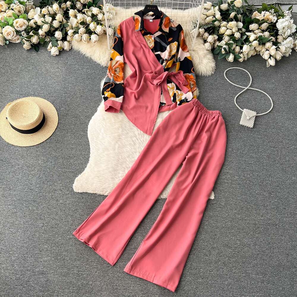 Two Piece Set of Irregular Printed Shirt with Tied Waist and High Waisted Slim Wide Leg Pants for Women Novelty Self-cultivation SKINNY DRESS BOHO DRE