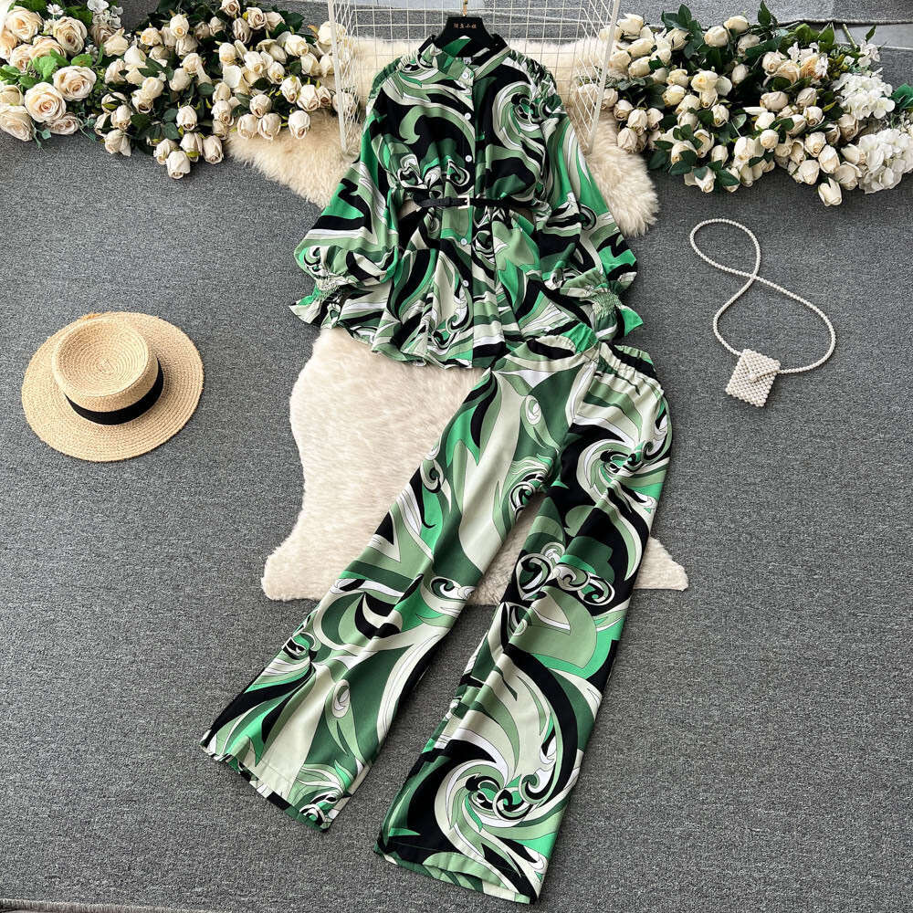 Wind Fashion Set Womens Light Luxury Design Sense Lantern Long Sleeved Shirt+elastic Waist Straight Wide Leg Pants Novelty Waist Oversize Dress