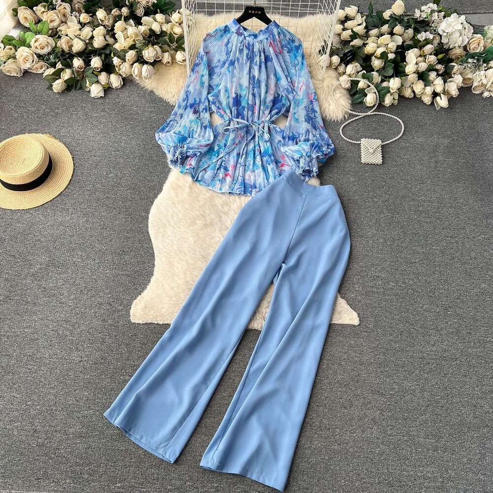 Temperament Light Mature Style Two-piece Set for Women with Waist Cinched Floral Pleated Shirt+high Waisted Wide Straight Leg Suit Pants Loose BOHO DR