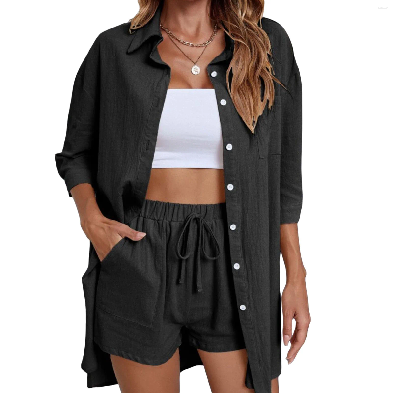 Womens Tracksuits Women S Stylish 2 Piece Co-ord Set Trendy Short Sleeve Button Down Shirt Comfy Shorts For Casual Loungewear