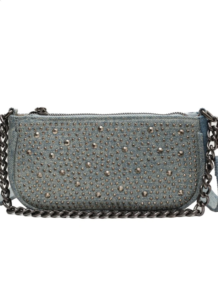 Womens 2024 Fashion Version Chain Shoulder Cross Body Bag Solid sequined Denim Handbag Communicating Card Pack 240723Zl