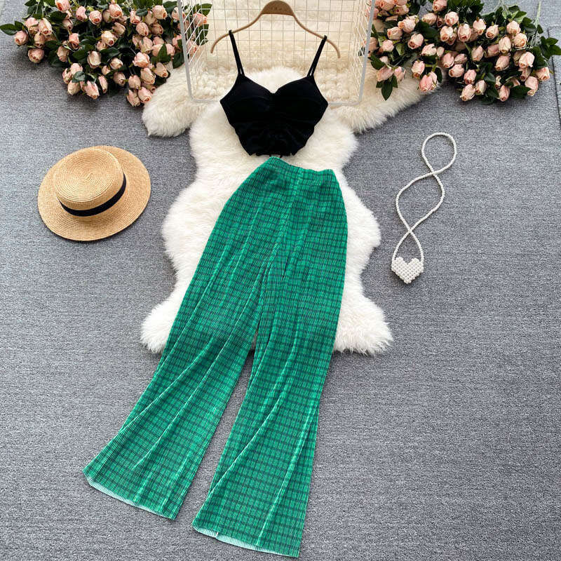 Vacation Style Womens Summer New Camisole Top Sexy Versatile High Waisted Pleated Wide Leg Pants Two-piece Set Short Sexy Loose Denim Dress Oversize D