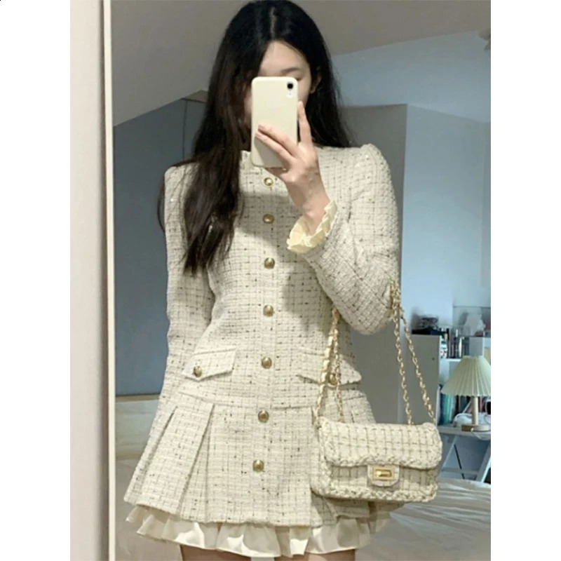 MEXZT Sweet Tweed Mini Dress Women Elegant Ruffles Pleated A Line Dresses Vintage Korean Party Patchwork Bodycon Vestidos 240715