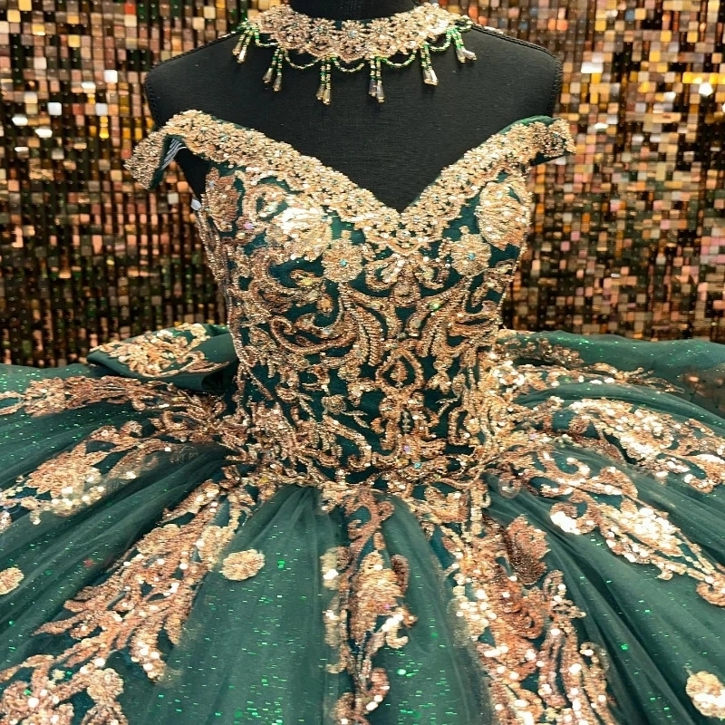 Emerald Green Shiny Quinceanera Dresses For Sweet 16 Princess Gown Gold Applique Beading Birthday Party Prom Dresses Vestido De