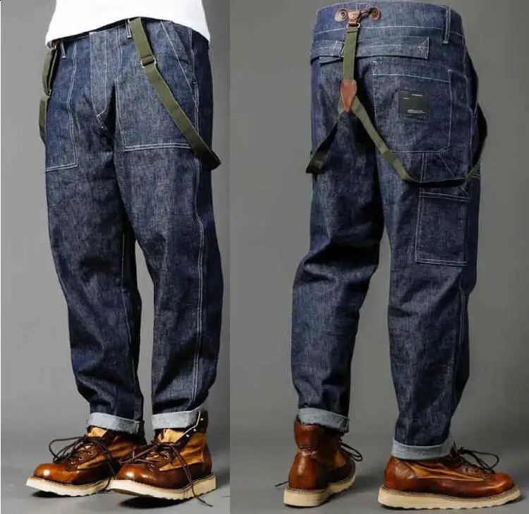 Mens Straight Shoulder Strap Jeans Loose Denim Overall Casual Multi Pocket Bib Jeans 240722