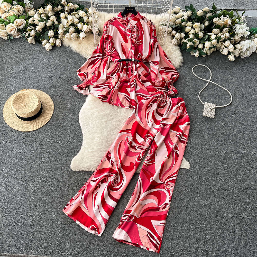 Wind Fashion Set Womens Light Luxury Design Sense Lantern Long Sleeved Shirt+elastic Waist Straight Wide Leg Pants Novelty Waist Oversize Dress