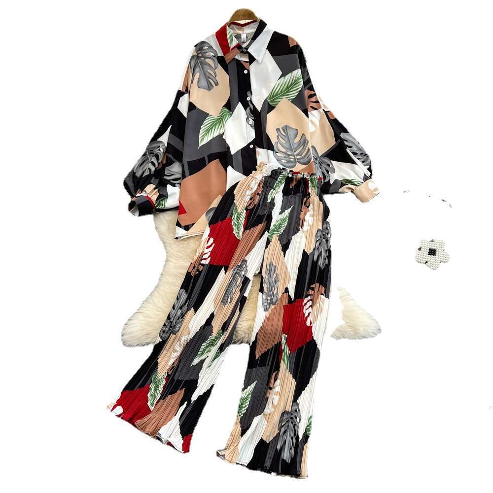 Fashionable Set Socialite Temperament Bat Sleeve Loose Printed Shirt, Two High Waisted Pleated Wide Leg Pants Novelty Sexy Denim Dress Oversize Dress