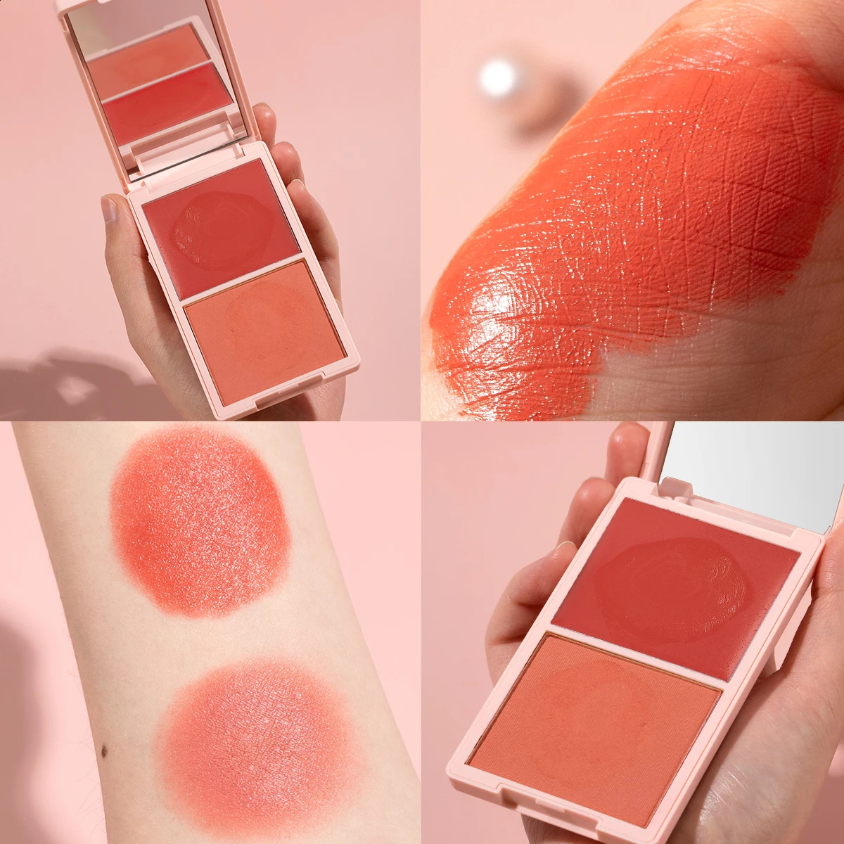 Creme Powder Blush Duo Long Wearing Matte Dewy Finish High Pigment Pink Candy Peach Blush Palette Vibrant Orange Red Blush 240723
