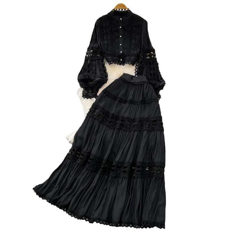 Fashion Womens Palace Style Lantern Standing Neck Hollow Lace Top Two Piece Set High Waist Skirt Chiffon Floral Dress Temperament Loose Novelty BOHO D