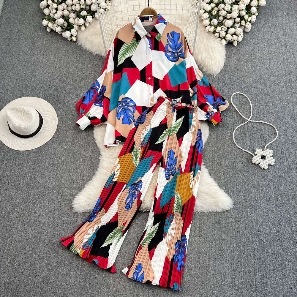Fashionable Set Socialite Temperament Bat Sleeve Loose Printed Shirt, Two High Waisted Pleated Wide Leg Pants Novelty Sexy Denim Dress Oversize Dress