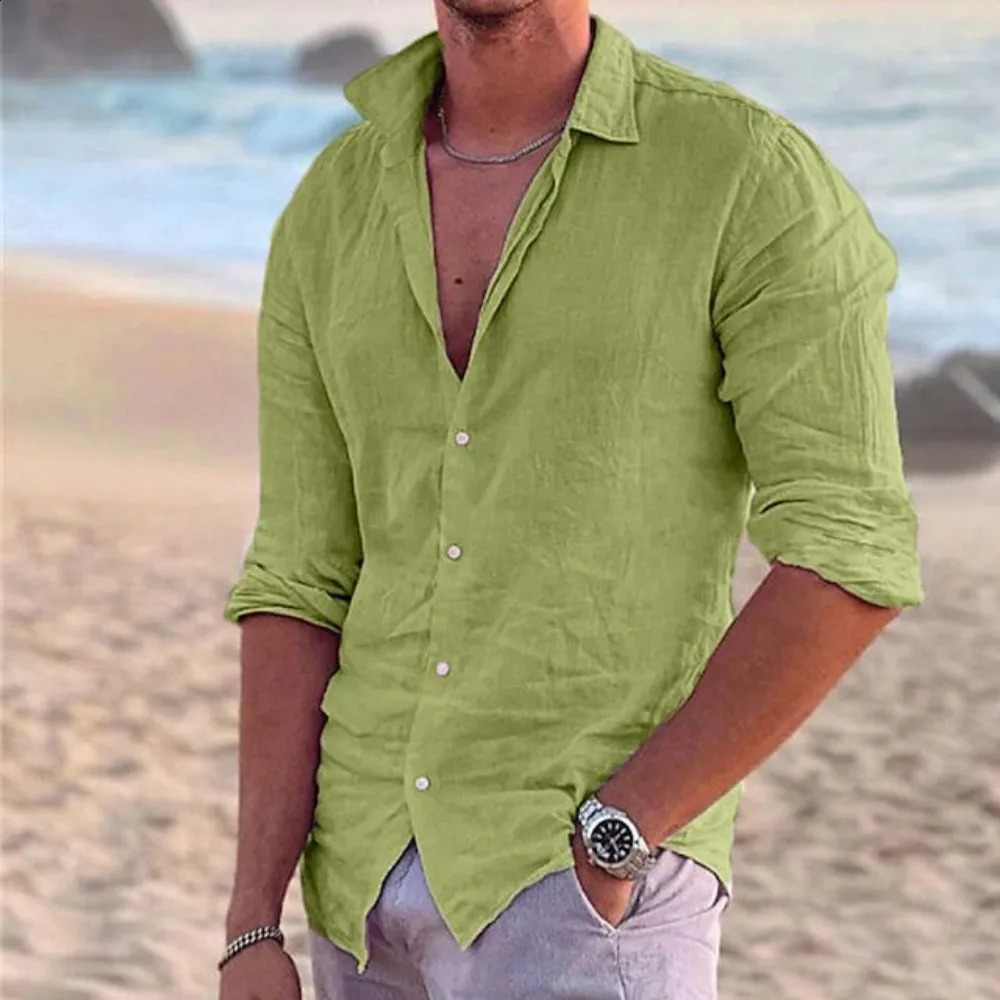 2024 Mens Shirt Cotton linen Fashion Casual Polo Neck Beach Shirt Long Sleeve Solid Hawaiian Holiday Shirts 240808