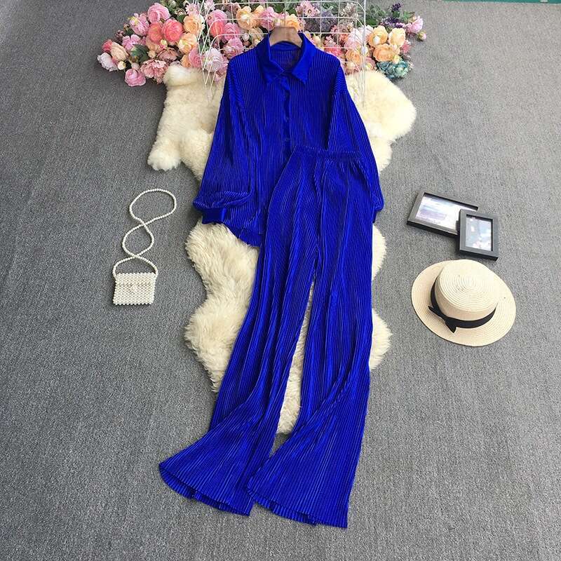 Fashion Womens Loose Fitting Long Sleeved Pleated Clean Color Shirt Two-piece Set High Waisted Draped Straight Wide Leg Pants BOHO DRESS Lace Dress