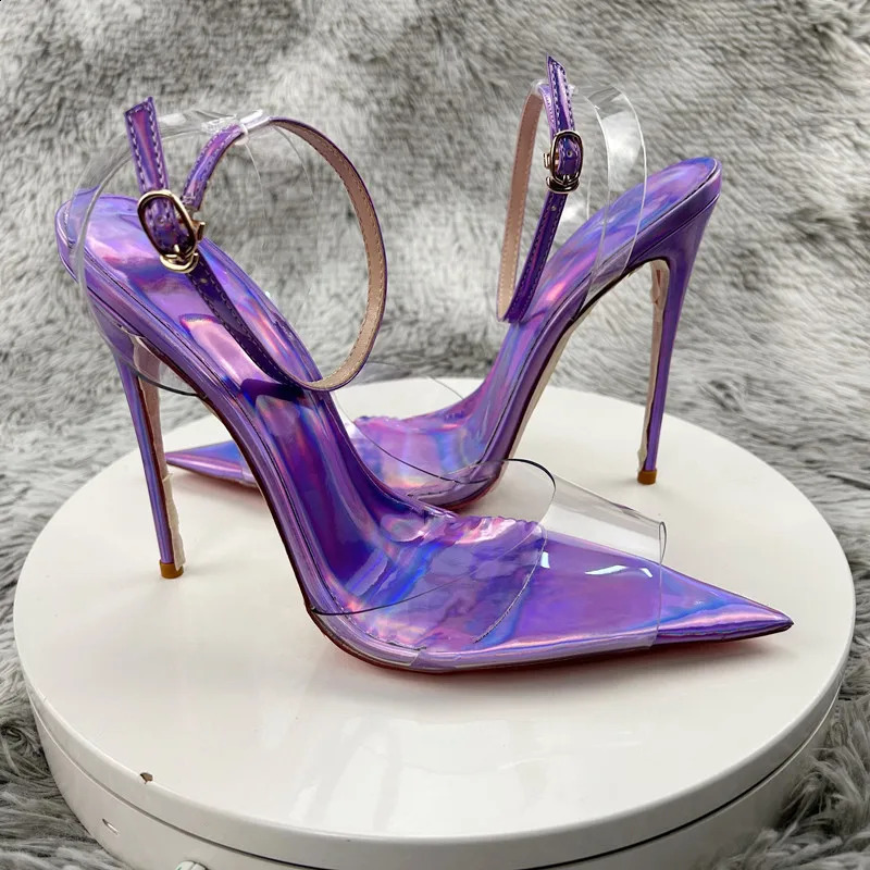 Laser Purple Women Sexy Summer Sandals PVC Pointed Toe Shoes est Slingback Shoes Thin Heels Party Ankle Buckle Ladies 240708