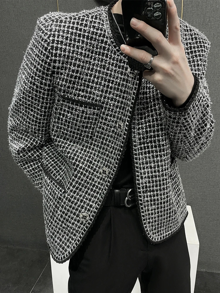 High-End Male Small Fragrant Coats Mens Fashion Loose Tweed Mens Round Neck Jackets Handsome Long Sleeve Short Jacket 240719