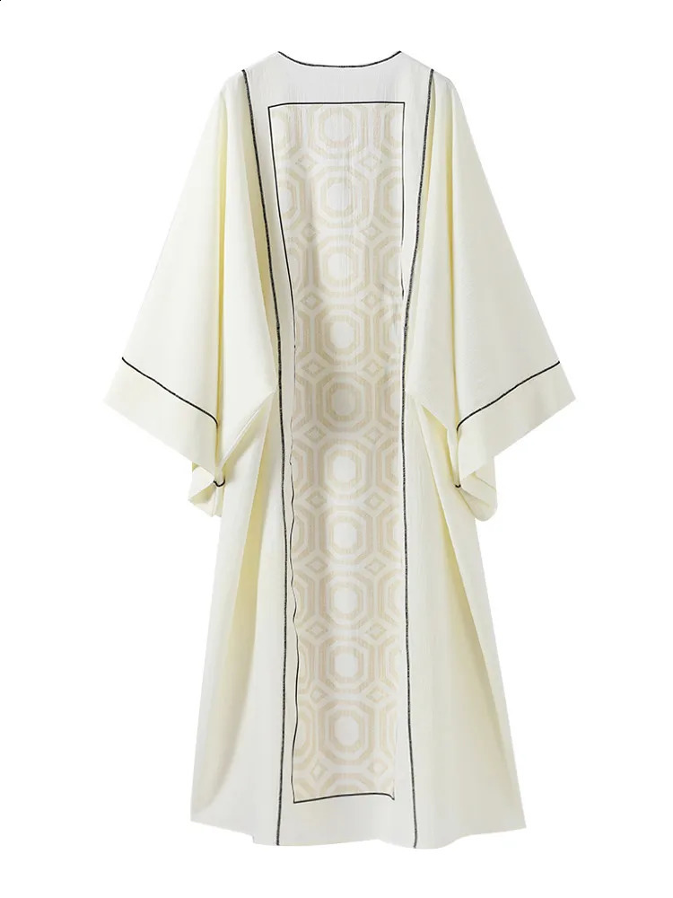 Casual Loose Contrast Maxi Dress Women Elegant Lace Up Printed Flare Sleeve Female Cardigan Dresses Summer Oversized Robe 240712