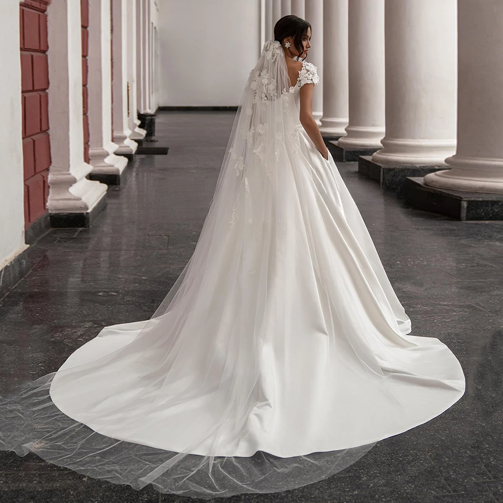 Gorgeous Satin Wedding Dresses Cap Sleeve Scoop Neck Wers Court Train A E Princess Bridal Gowns With Pockets Vestidos De 0219